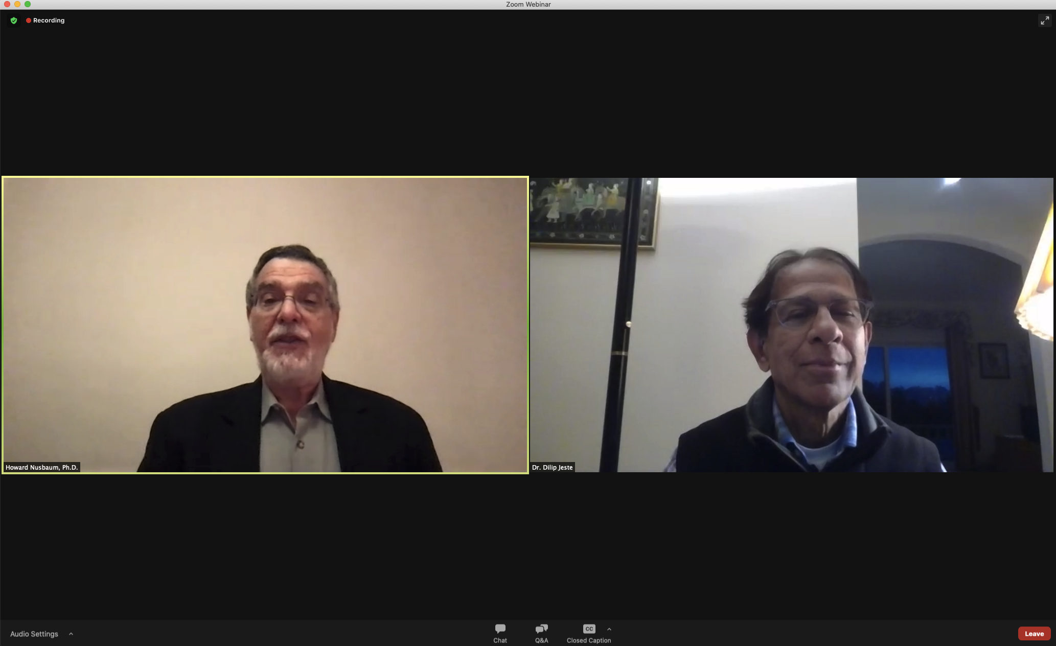 Screenshot of Howard and Dilip Jeste discuss wisdom in Zoom call