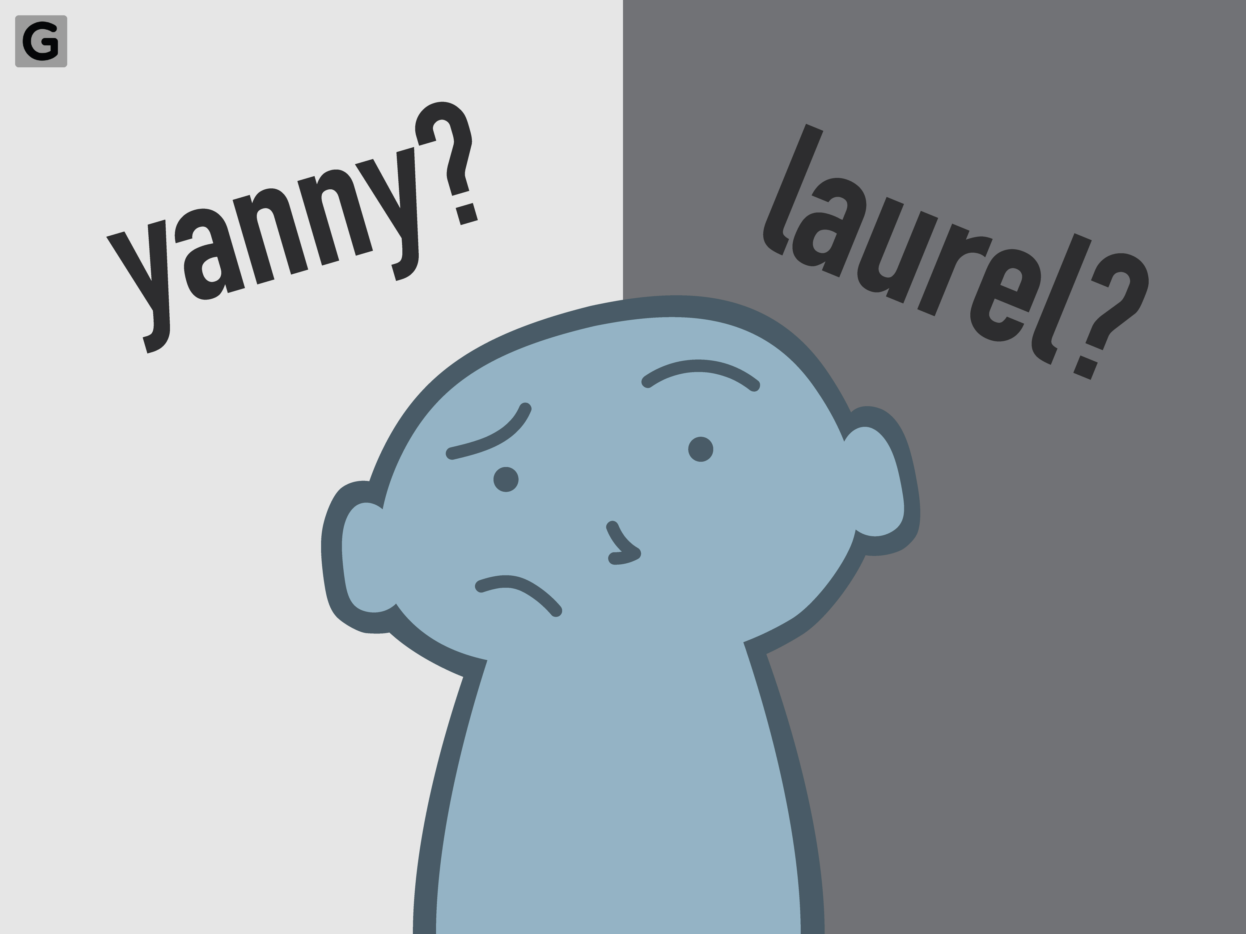 A cartoon figure is thinking about yanny and laurel